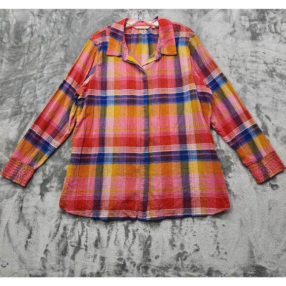 Soft Surroundings Top Women 1X Multicolor Plaid Sansonne Button Up Cotton Casual - Picture 1 of 10